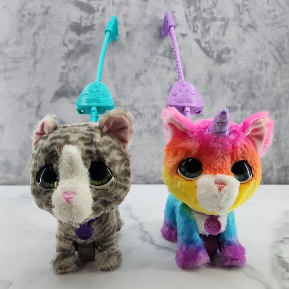 FurReal Friends Unicorn Cat & Gray Cat leash 2018 Hasbro walksalot toys works! - Picture 14 of 16